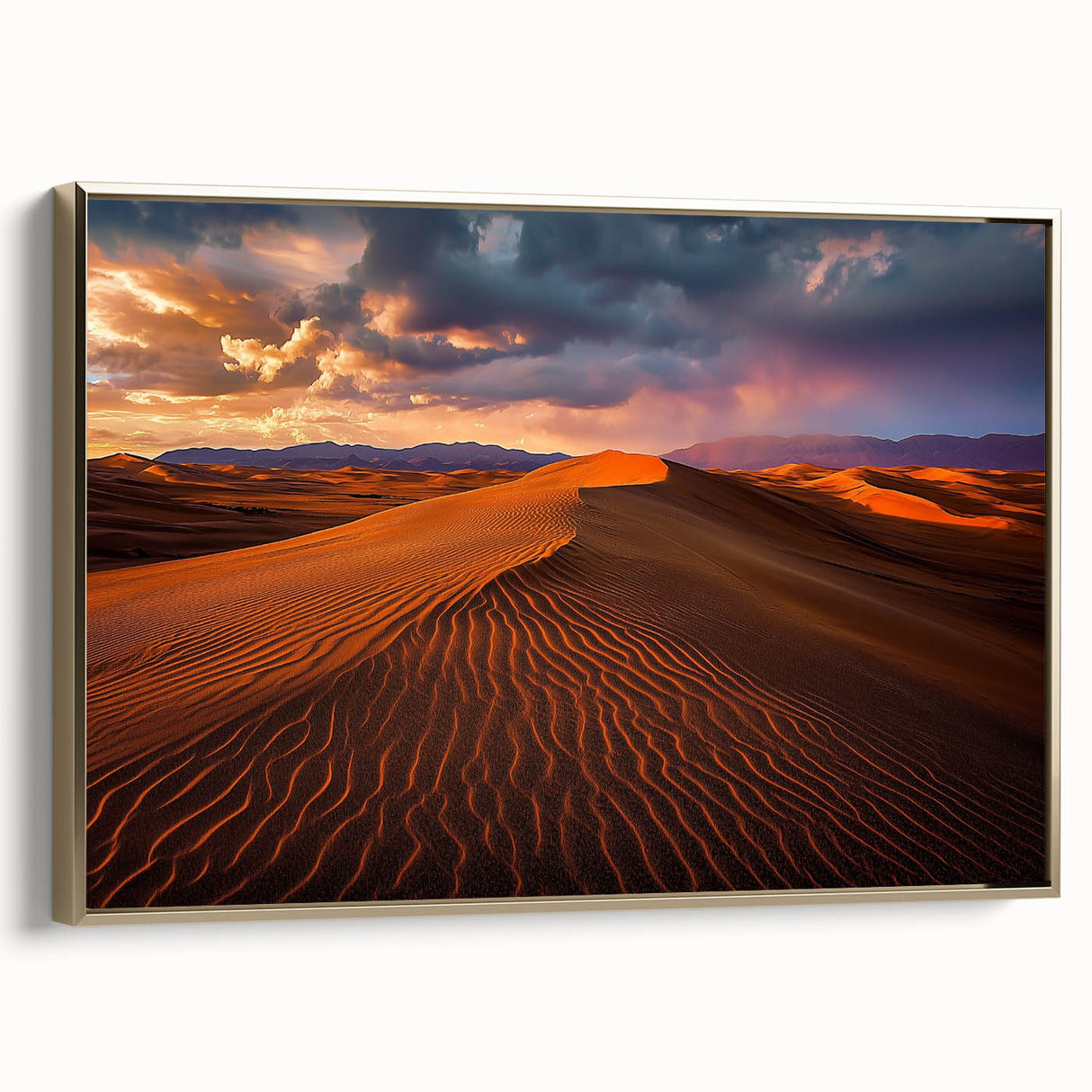 Framed canvas artwork showcasing a stunning desert landscape with golden dunes, highlighting warm tones and intricate textures, perfect for enhancing modern decor.