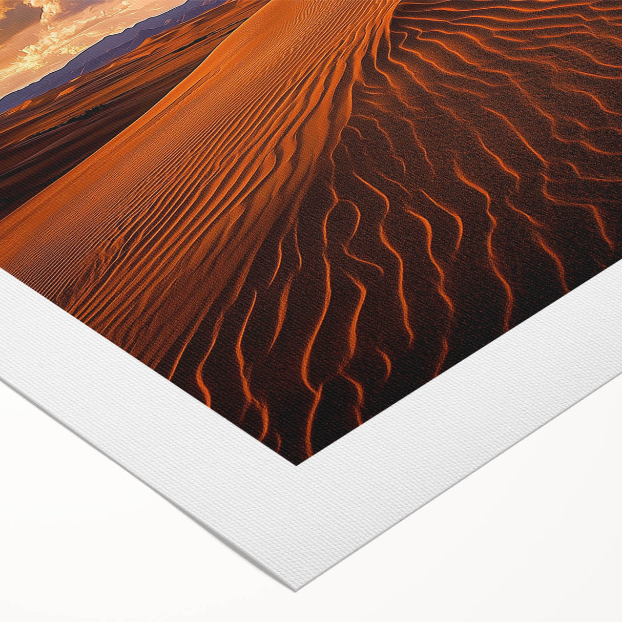 Beautiful rolled canvas artwork showcasing vibrant desert dunes under a clear blue sky, perfect for home decor. Packaged securely in a protective cardboard tube.