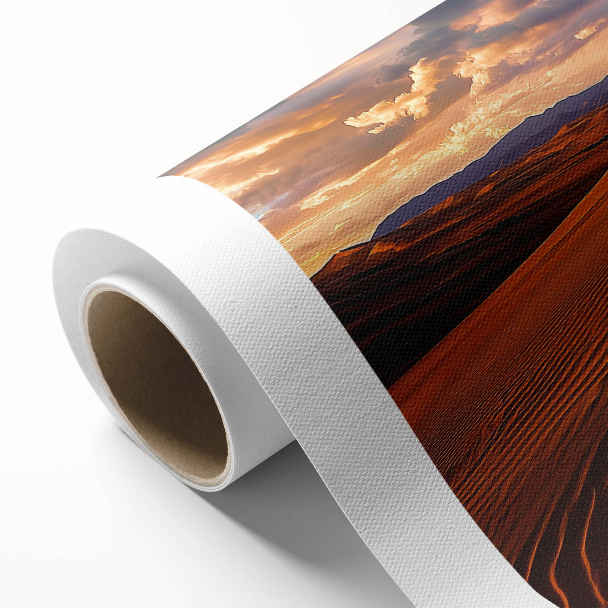 Desert landscape canvas print showcasing vibrant golden sand dunes under a clear blue sky, elegantly rolled and ready for display, perfect for modern home decor.