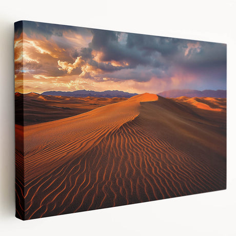 Stretched canvas artwork depicting vibrant desert dunes in warm tones, showcasing intricate textures and shadows, perfect for modern home decor.