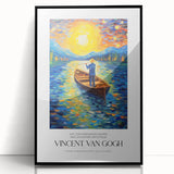 Large abstract wall art featuring swirling blue and yellow tones, framed in black acrylic.