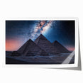 African scenery with pyramids and camels in muted earth tones on a rolled canvas, suited for dining room wall art.
