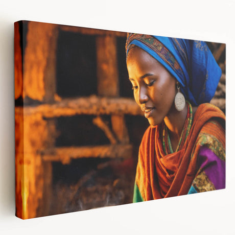 Ethiopian landscape on large stretched canvas, featuring earthy tones and minimalistic style, suitable for kitchen wall art.