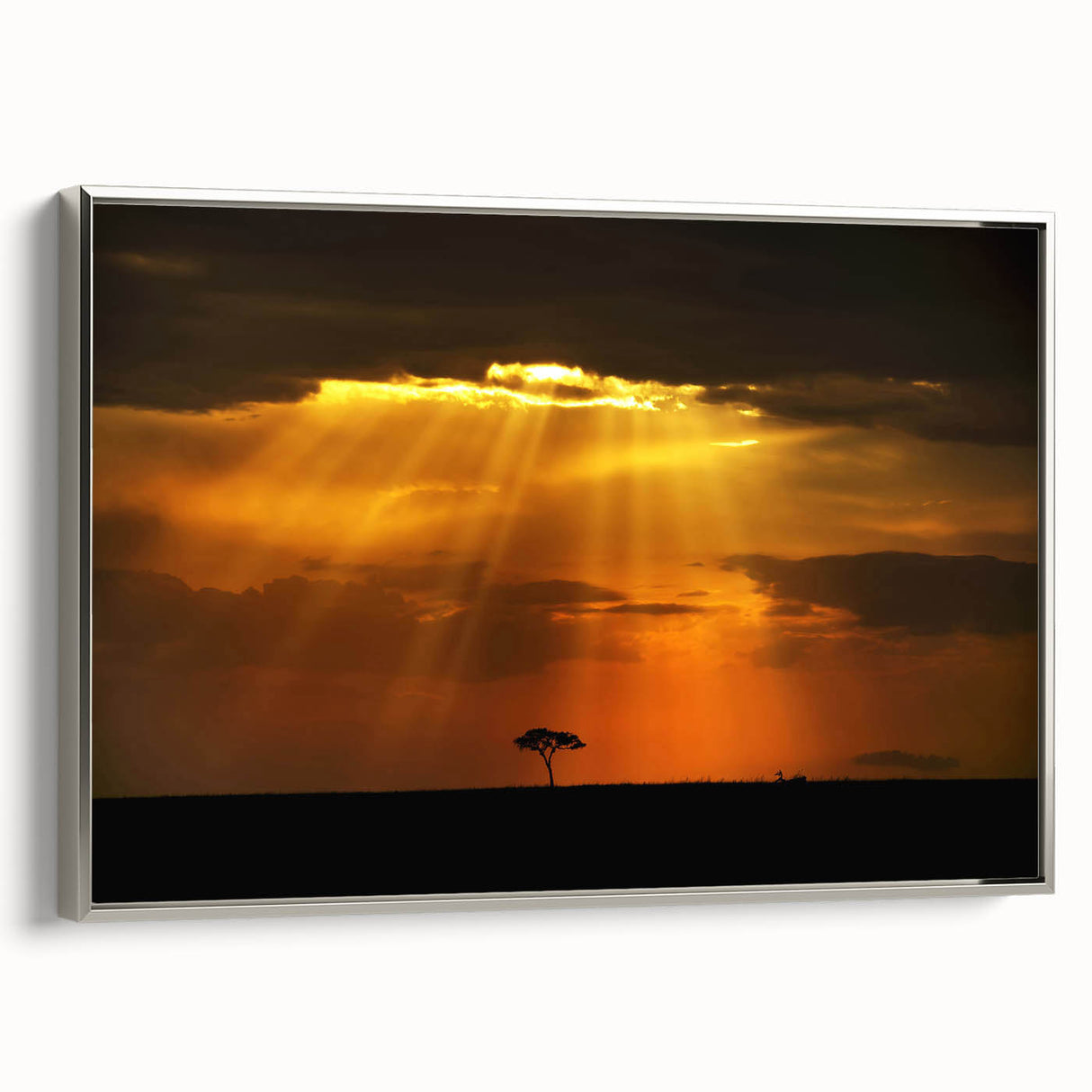 Vintage poster art of a Kenyan landscape on a framed canvas, featuring vibrant colors, ideal for living room decor.