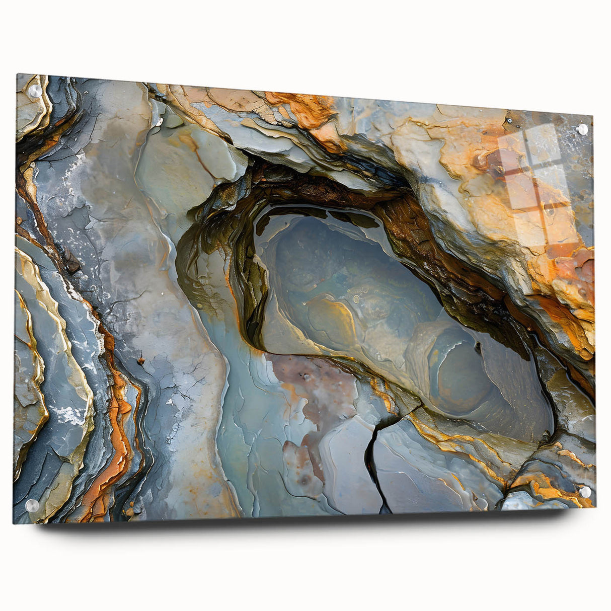 Acrylic glass print of a Mauritian landscape with lush greenery and distant mountains, in natural and earth tones.