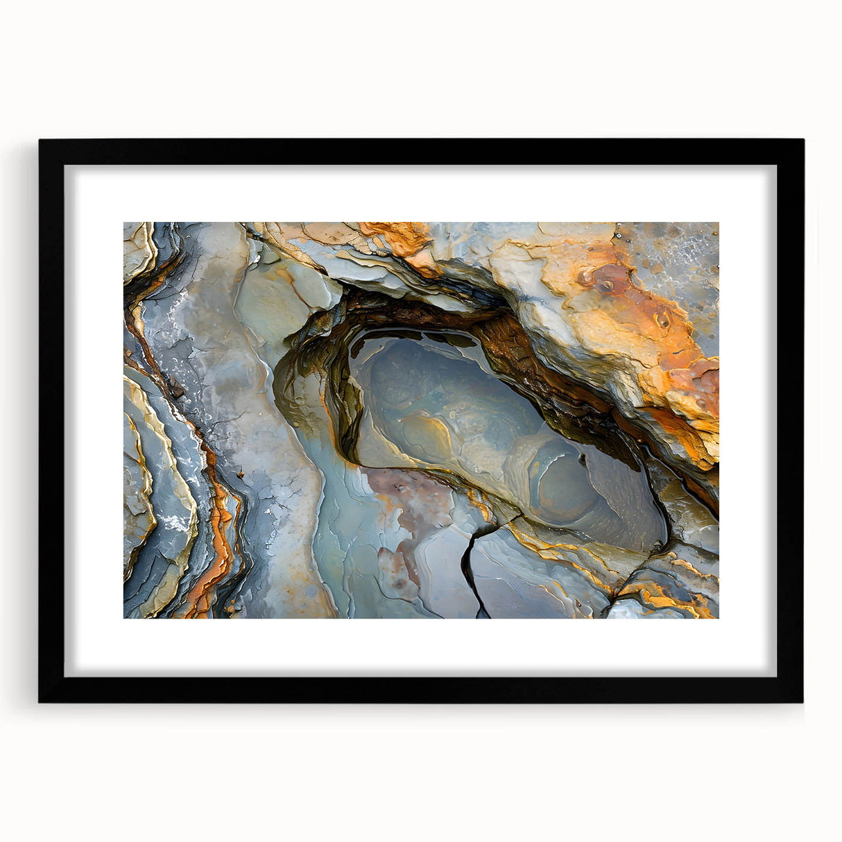 Extra large colorful art print depicting abstract Mauritian scenery in vibrant hues on a textured canvas, framed in black.