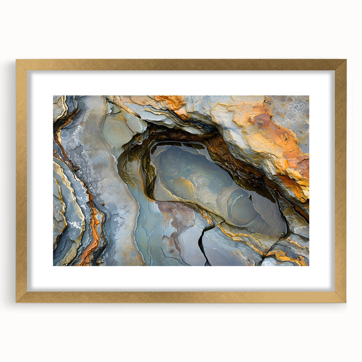 Textured abstract art print depicting a serene Mauritian landscape in muted earth tones, framed in gold.