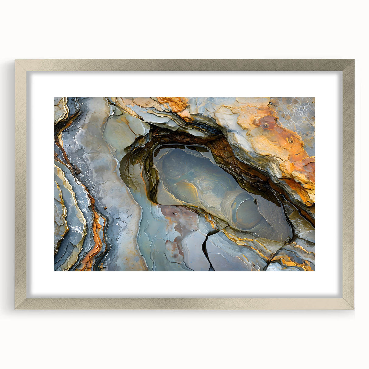 Abstract art print of a Mauritian landscape in muted earth tones on a framed silver mat, ideal for dining room decor.