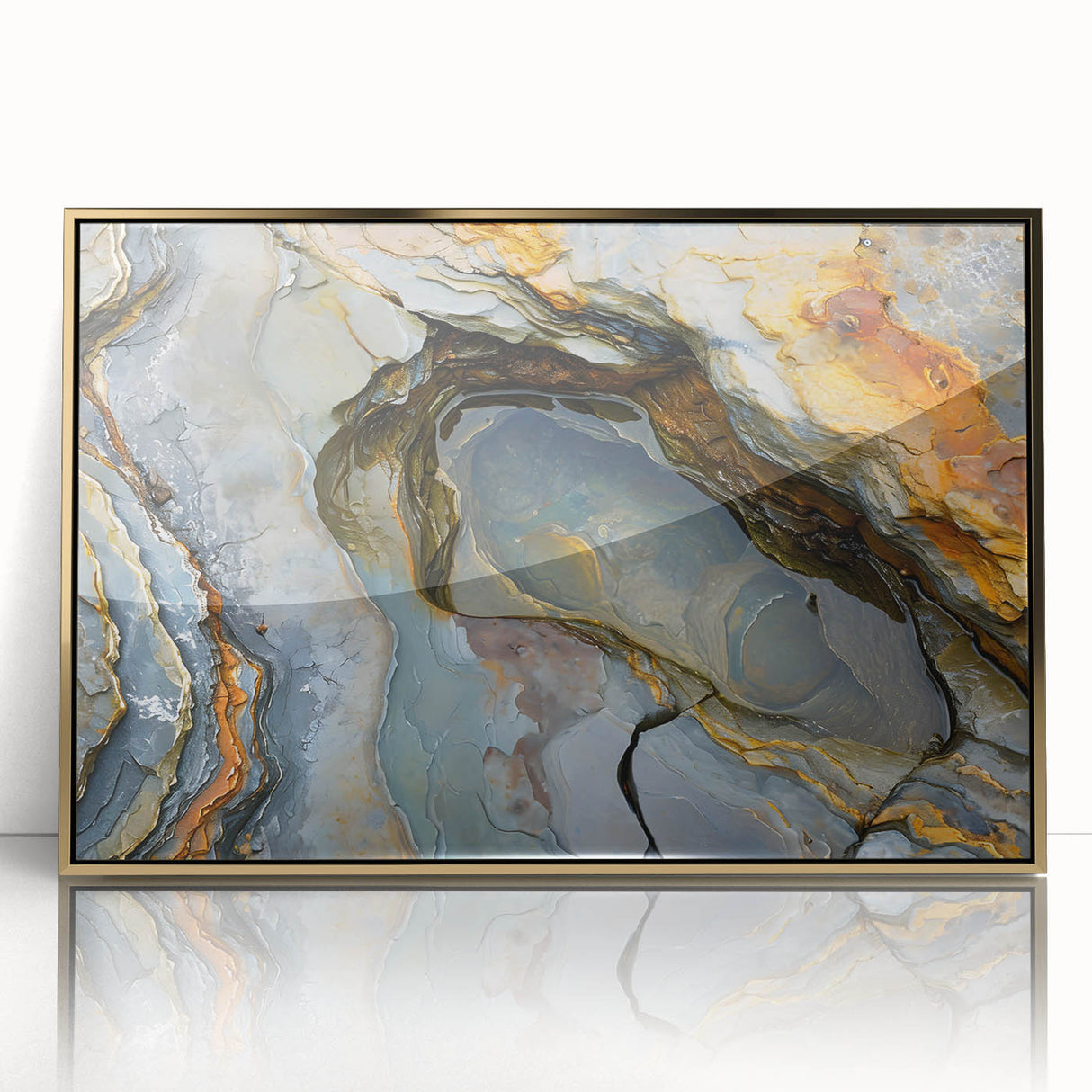 Mid-century modernist art depicting a serene Mauritius landscape in muted earth tones on a framed acrylic print.