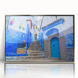 Art deco poster of Moroccan scenery in silver acrylic frame, ideal for modern nursery wall decor.