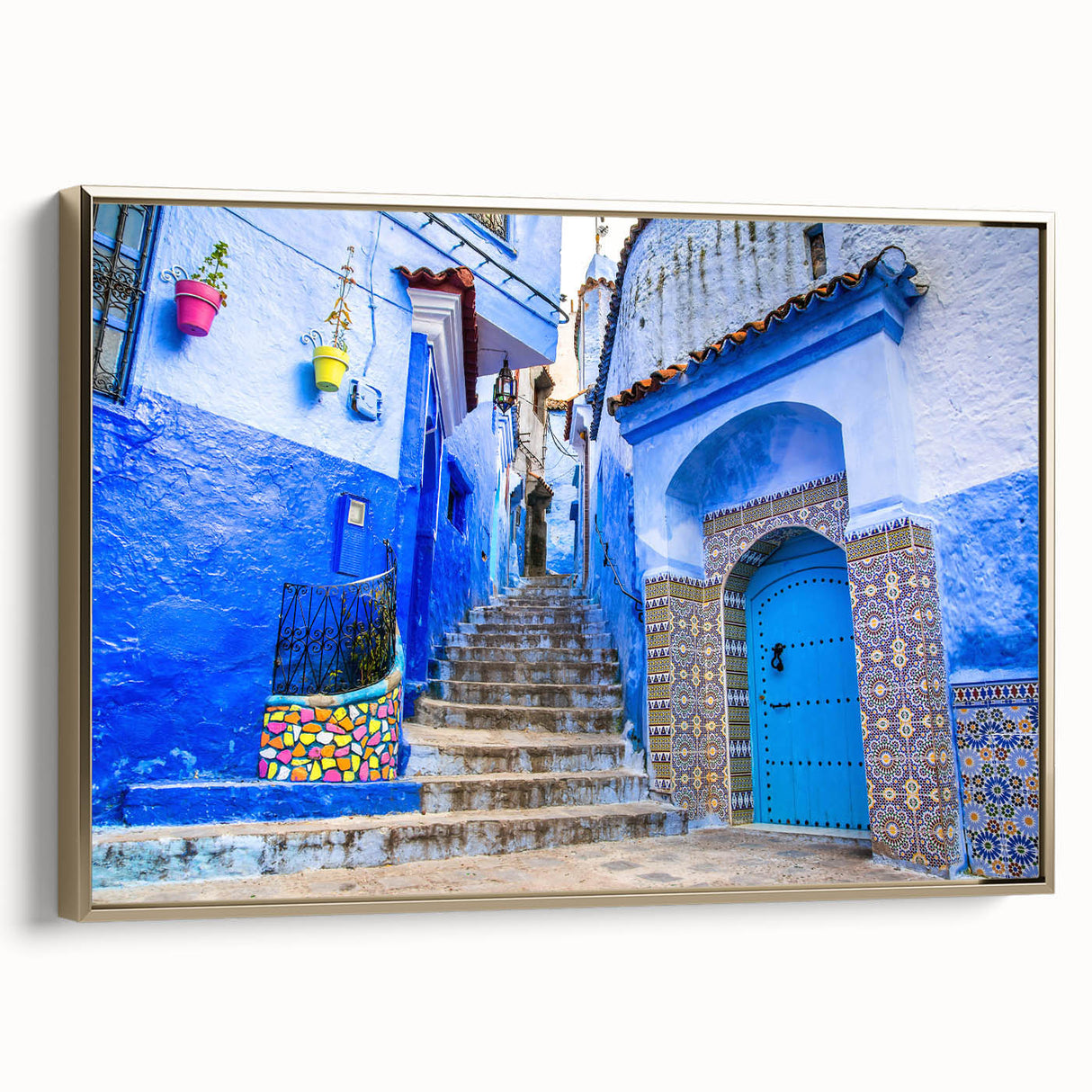 Landscape art painting of a Moroccan scene on framed canvas, featuring a palette of gold, black, and vibrant colors.