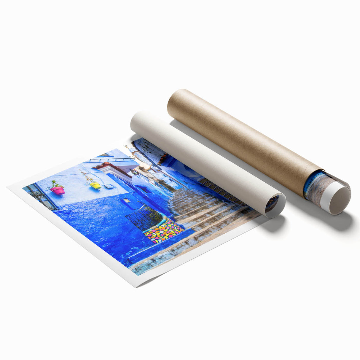 Extra large rolled print of Moroccan scenery with vibrant floral elements in pastel tones.
