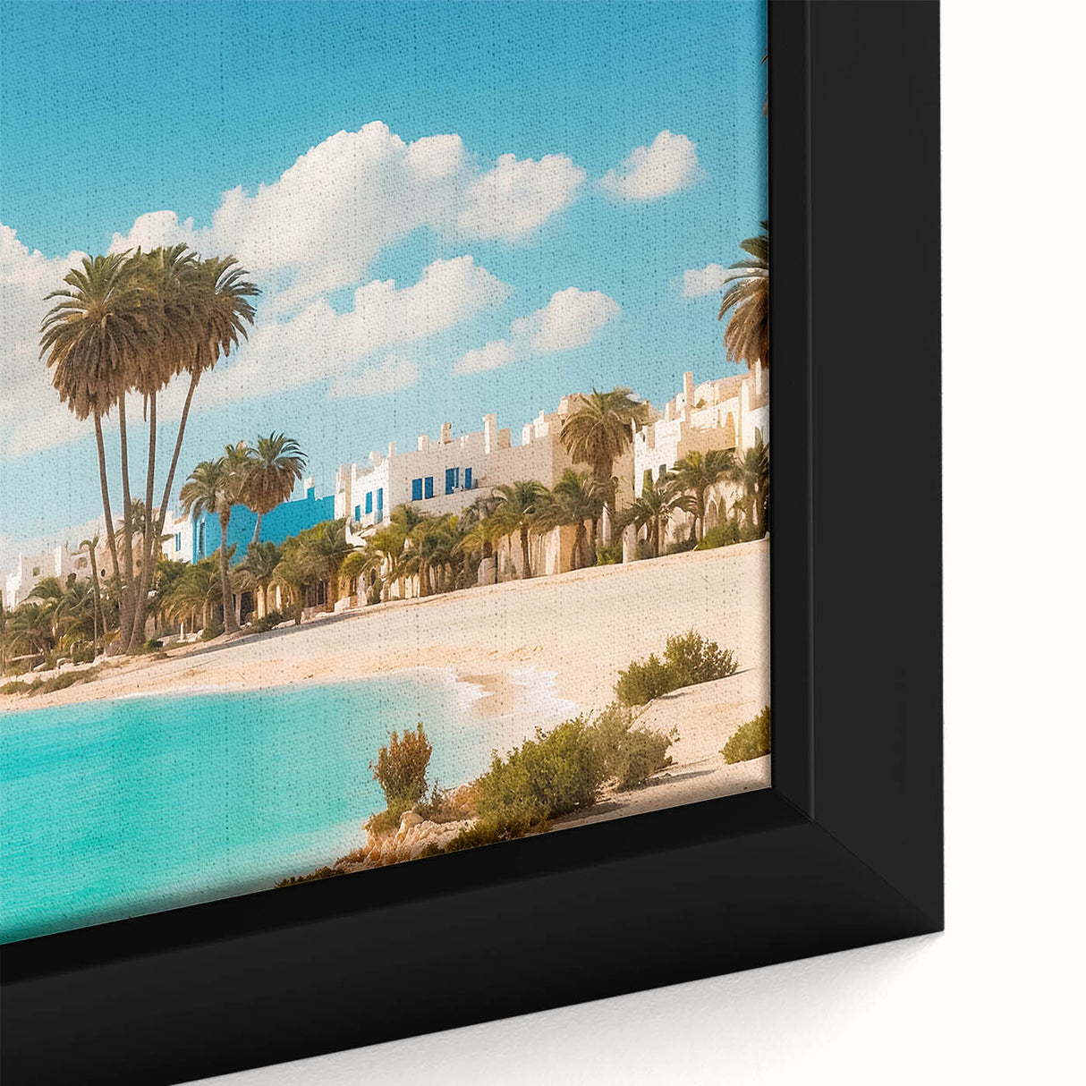 Extra large black wall art featuring a textured, colorful Tunisian landscape on framed canvas, ideal for living room decor.
