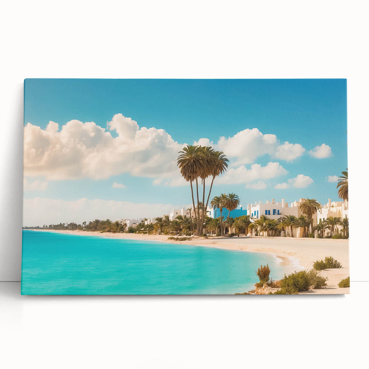 Black and white stretched canvas depicting a Tunisian landscape, ideal for kitchen wall art or bedroom ambiance.