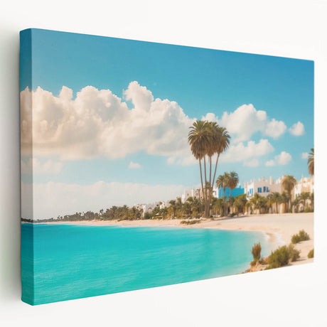 A large stretched canvas depicting a Tunisian landscape in muted earth tones, suitable for kitchen wall art.
