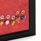 Extra large framed canvas featuring a textured, colorful art depiction of an Asian landscape in muted earth tones.
