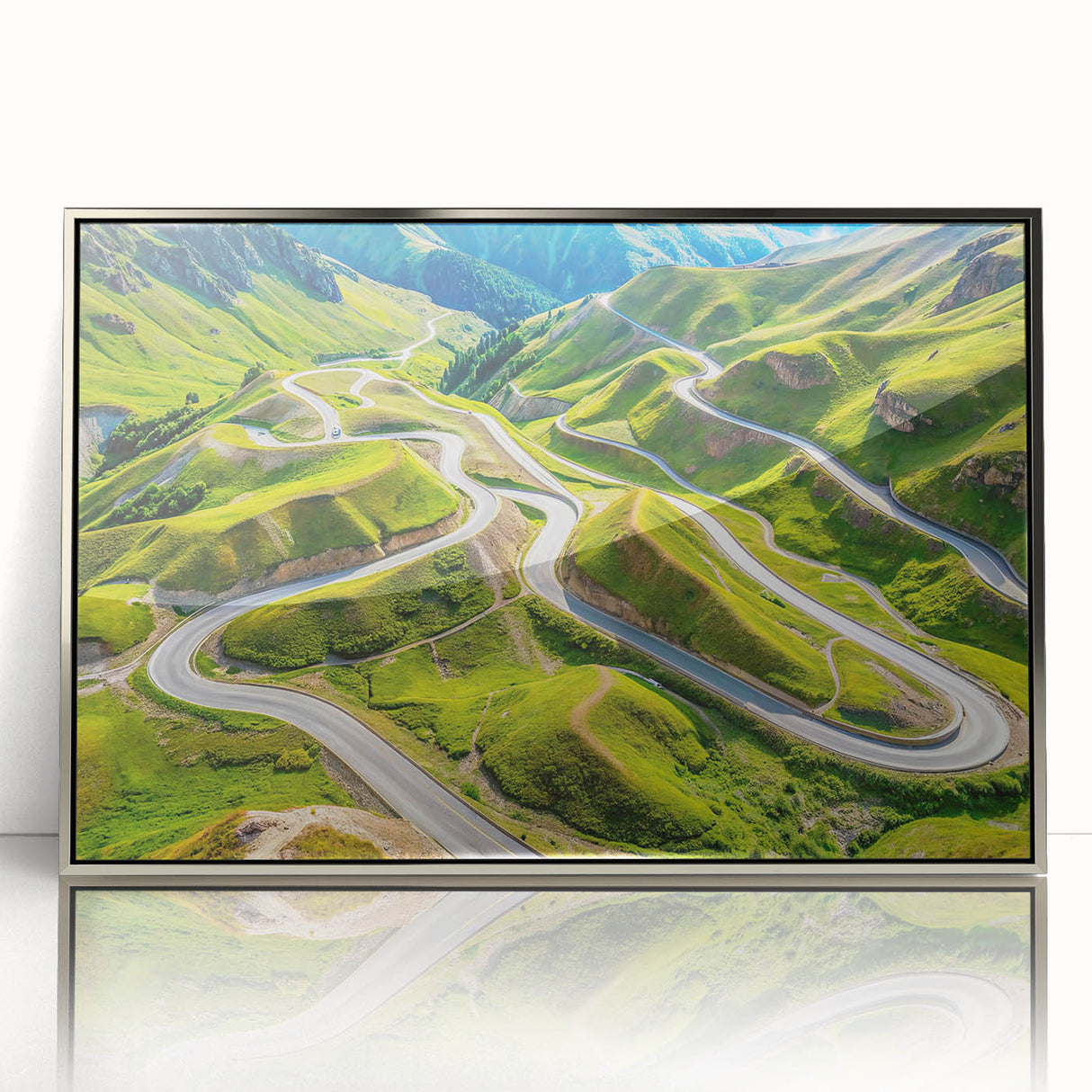 Mid-century modernist art depicting a serene Georgian landscape in muted earth tones on a framed acrylic panel.