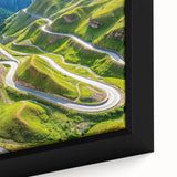 Close-up of a framed canvas featuring a textured, colorful Asian-Georgian landscape in black, ideal for living room decor.