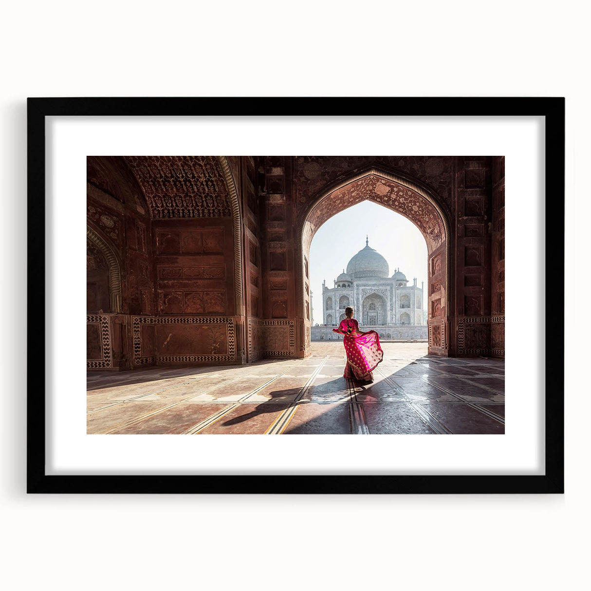 Extra large abstract art print featuring colorful, textured scenery of an Indian landscape on a black framed canvas.