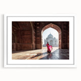 Abstract art print of Indian scenery in muted earth tones on a framed white mat, ideal for dining room decor.