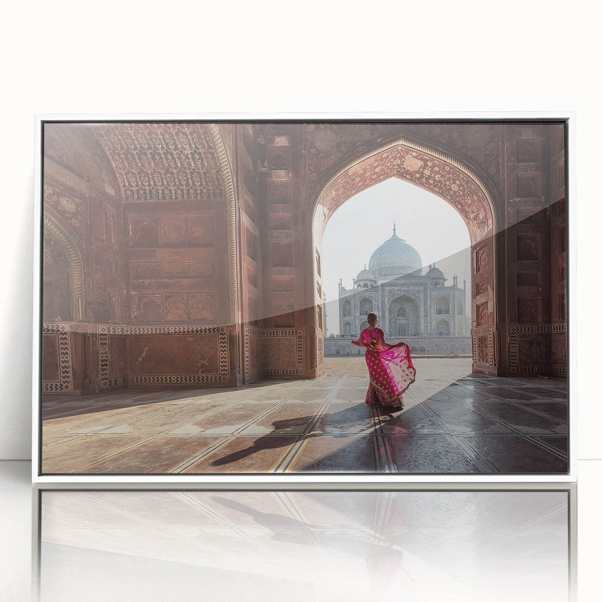 Acrylic print of an art deco style Indian scenery in white frame, suitable for modern nursery decor.