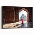 Black and white framed canvas featuring a vintage-style Indian landscape, ideal for bedroom wall art.