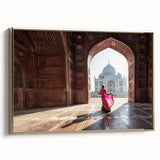 Framed canvas featuring a vintage-style Indian landscape in muted gold and black tones, ideal for bedroom wall decor.
