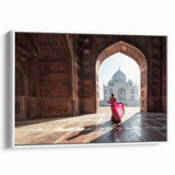 Vintage poster art of an Indian landscape in vibrant colors on a large framed canvas, suitable for living room decor.