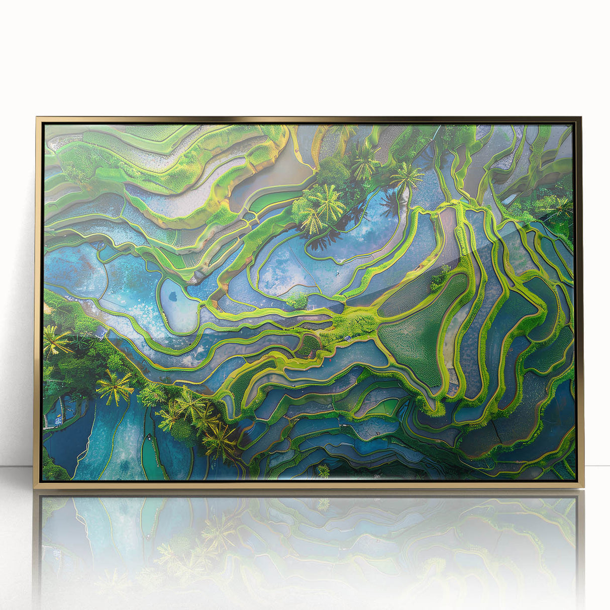 Framed acrylic print of a serene Indonesian landscape, featuring muted earth tones, ideal for modern art wall decor.