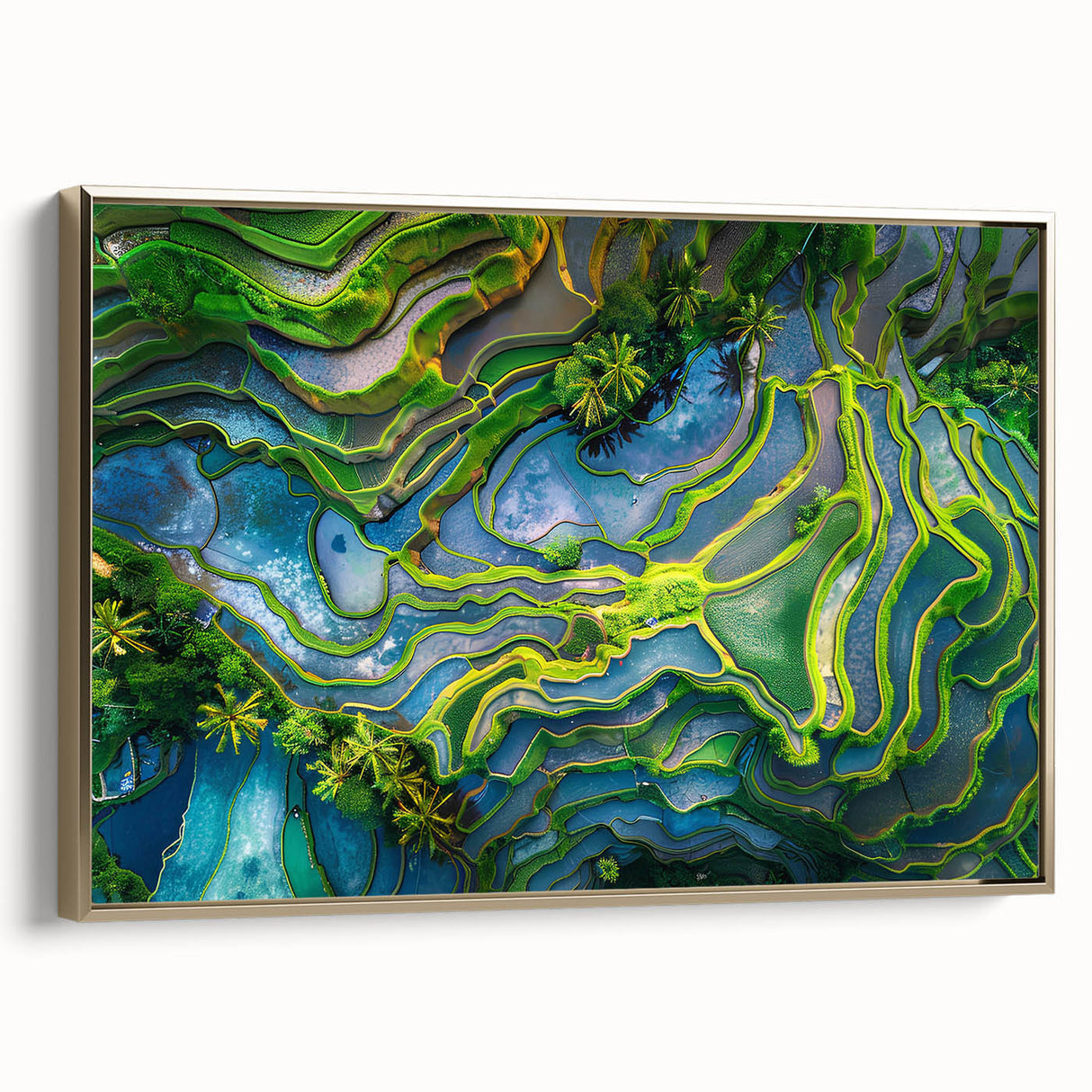 Framed canvas depicting a vintage-style Indonesian landscape in muted gold and black tones, suitable for bedroom wall art.