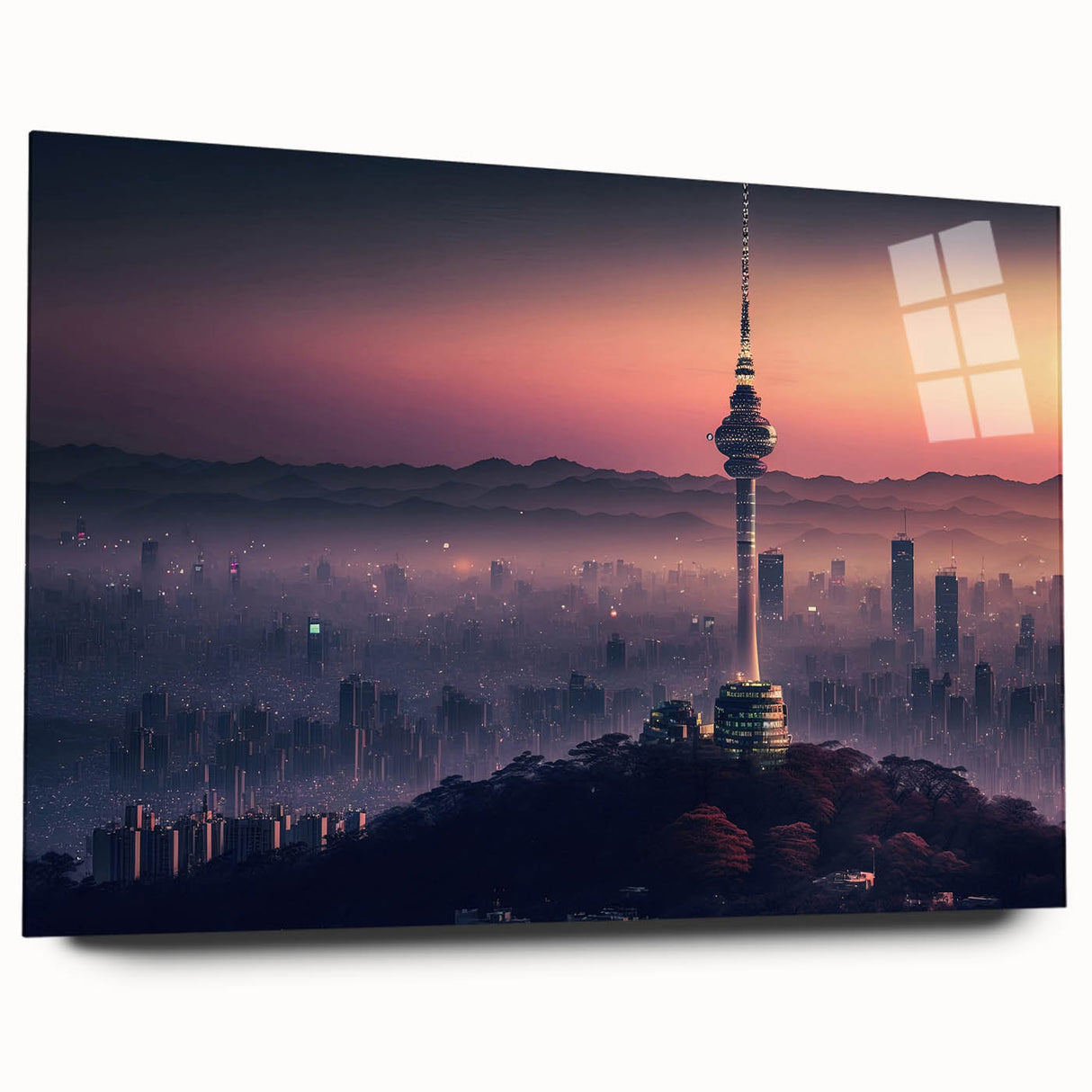Large abstract wall art depicting an Asian landscape in muted neutral tones on acrylic glass.