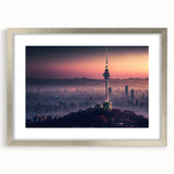 Textured art print depicting an abstract Korean landscape in cool blue and gray tones, framed in silver.