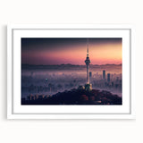 Abstract art print depicting a serene Korean landscape in muted earth tones, framed with a white mat.