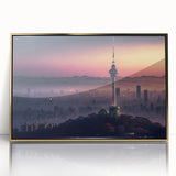 Mid-century modernist style large art print of a Korean landscape in gold and green tones, acrylic framed.