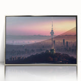 Mid-century modernist art depicting a serene Korean landscape in muted earth tones, acrylic print framed in silver.