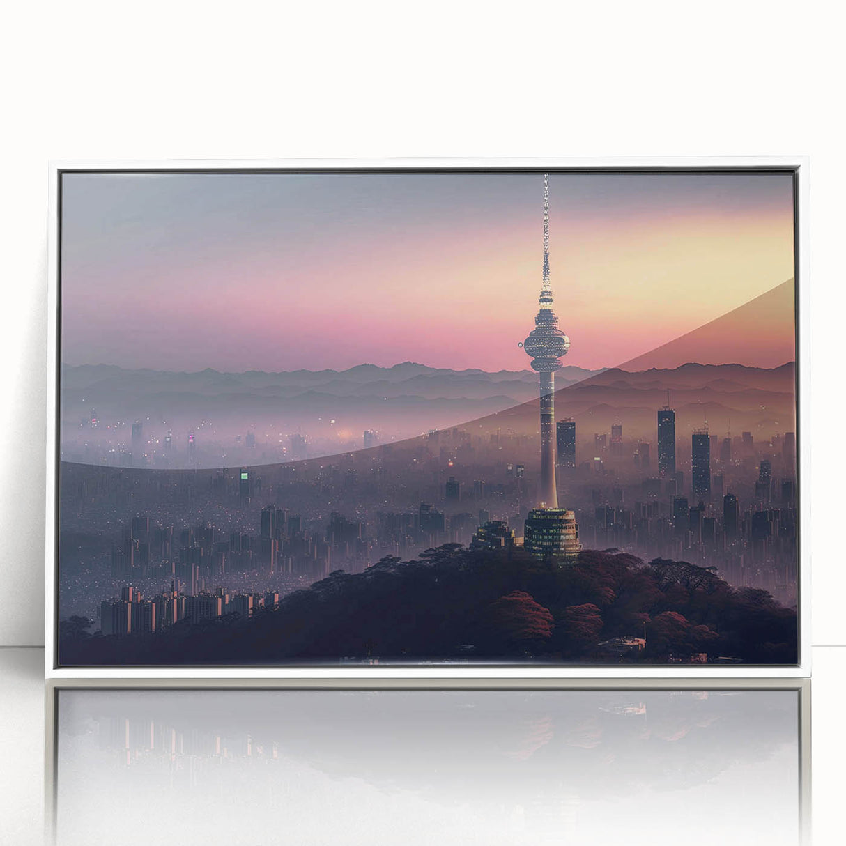 Acrylic print of a serene Korean landscape in muted greens and blues, ideal for modern art wall decor in a nursery.