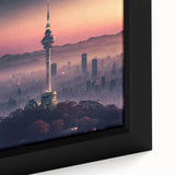 Close-up of extra large black wall art featuring a textured, colorful Korean landscape on framed canvas.