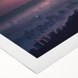 Art deco poster featuring a serene Korean landscape in muted green and blue tones on rolled canvas.