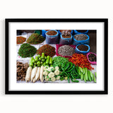 Extra large abstract art print depicting vibrant, colorful scenery of Laos on a textured canvas, framed in black.