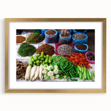 Extra large abstract art print of a Laos scenery in gold frame with mat, featuring textured brush strokes in earth tones.