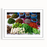 Abstract art print of a Laos scenery in muted earth tones, framed with a white mat, suitable for dining room decor.