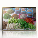 Large art print of a Laos scenery in gold tones on a framed acrylic, mid-century modernist style, suitable for modern decor.