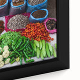 Extra large framed canvas of a textured, colorful Laotian landscape in black, ideal for living room decor.