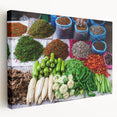 Side view of a stretched canvas featuring a Laos scenery in earthy tones, ideal for kitchen wall art.