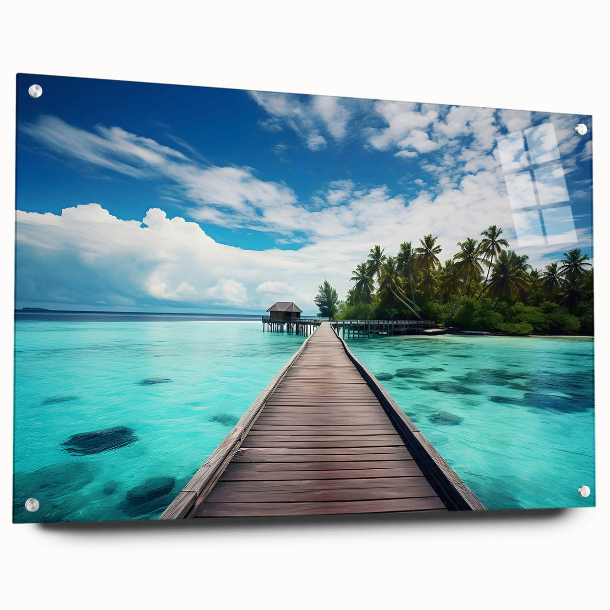 Acrylic print of a Maldivian beach scene with blue and turquoise waters, ideal for bedroom or dining room art.