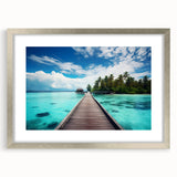 Textured art print of abstract Maldivian scenery in muted blue and white tones on a silver-framed canvas.