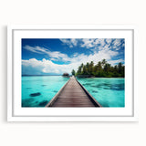Abstract art print of a serene Maldivian beach with soft blue and white tones, framed with a white mat.