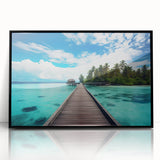 Framed acrylic print of a large abstract wall art depicting serene Maldivian scenery, in muted blue and green tones.