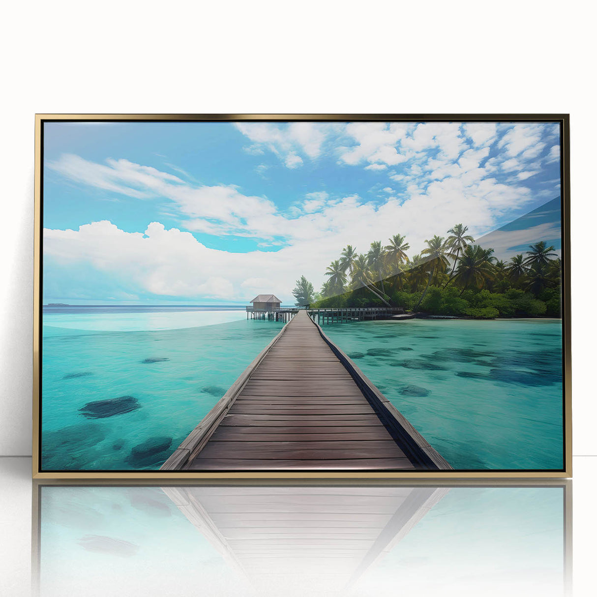 Mid-century modernist style large art print of a Maldivian scenery in gold framed acrylic, ideal for modern art wall decor.