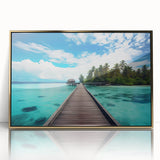 Mid-century modernist style large art print of a Maldivian scenery in gold framed acrylic, ideal for modern art wall decor.